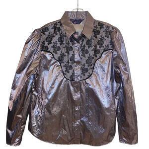 VTG Lame metallic western Glam silver black embroidered cowgirl button shirt
